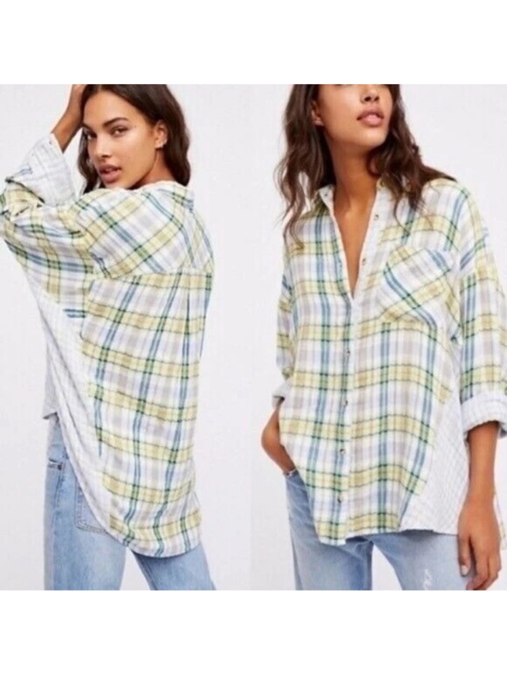 Free People One Of The Guys Patchwork Flannel Plaid Oversized Boxy Top Small